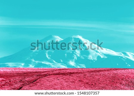 pink and blue art of Mount Elbrus Snowy peak. Nature and mountains landscape