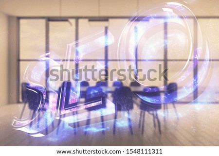 Double exposure of seo hologram on conference room background. Concept of search optimization