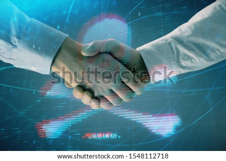 Multi exposure of hacking drawing on abstract background with two men handshake. Concept of data cyberpiracy