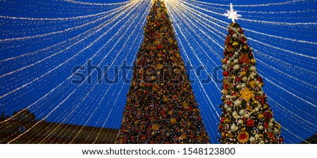Christmas tree glowing in the night time. Christmas, winter, new year concept. Copy space.