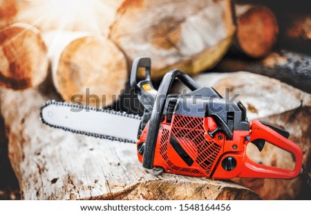 Woodcutter sawing chain detail. Chainsaw on rustic stump in sunset forest light. Chain saw panorama or wide banner. Copy space concept.