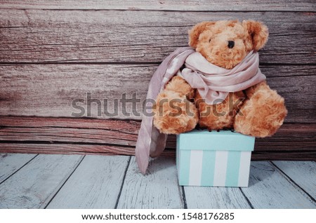 Brown teddy bear sitting in a gift box for the new year                   