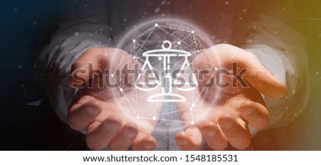 View of Businessman holding Cloud of justice and law icon bubble with data 3d rendering