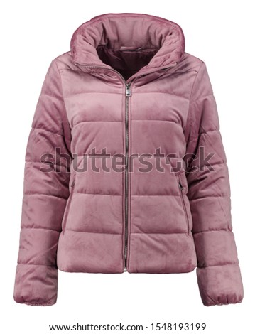 Women´s plush winter pink jacket. Modern quilted jacket. Isolated image on a white background.

