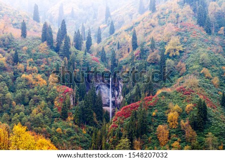 foggy autumn landscape and flowing waterfall