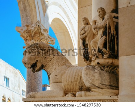 Sculptures at Diocletian Palace and Roman Town architecture at Old city of Split on Adriatic Coast in Dalmatia in Croatia. Cityscape at Croatian Dalmatian Bay. Europe tourism and vacation in summer. Royalty-Free Stock Photo #1548297530