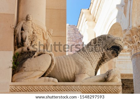 Sculptures at Diocletian Palace and Roman Town architecture at Old city of Split in Adriatic Coast in Dalmatia in Croatia. Cityscape at Croatian Dalmatian Bay. Europe tourism and vacation in summer. Royalty-Free Stock Photo #1548297593