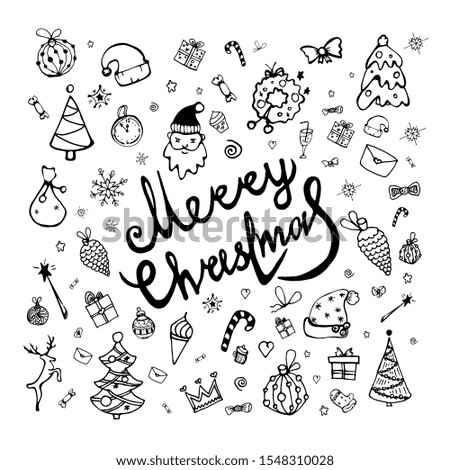 Big cute set of Christmas design elements in doodle style with tree, wreath, deer, bow, snowflakes, stars, toys, balls, lollipop, sweets, gift box and snowflakes. Hand drawn winter vector design.