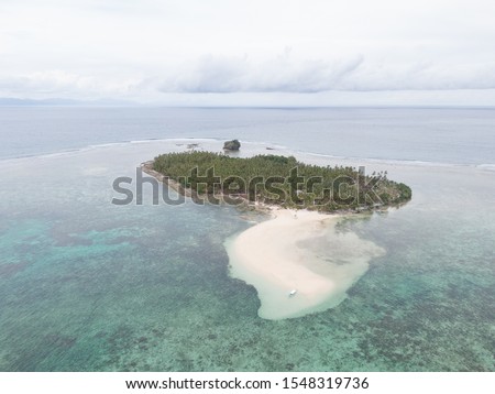 Raw drone photo of Kawhagan Island near Sugba Lagoon, Siargao, Philippines. Coconut trees, paradise white sand beach / sand bar, islet, beautiful, tourism, travel.