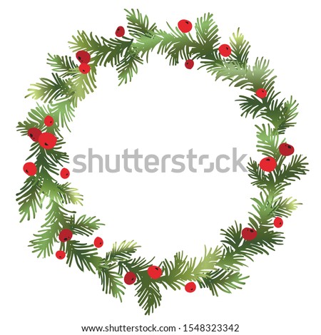 Christmas fir wreath with red berries. Pine wreath. Spruce new year wreath. Decorative element. Vector illustration. Royalty-Free Stock Photo #1548323342