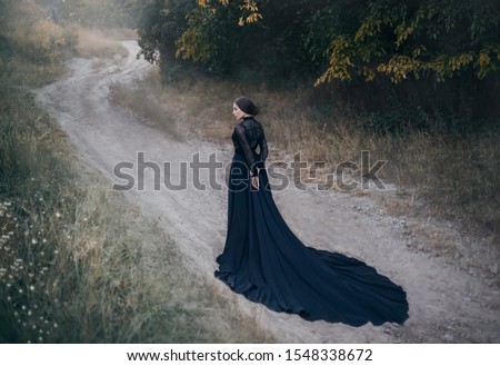back silhouette gothic lady old fantasy horror movie. woman Walks along  road in autumn forest. Beautiful queen vampire. Black vintage dress long train. design Old dark fashion. Halloween holiday