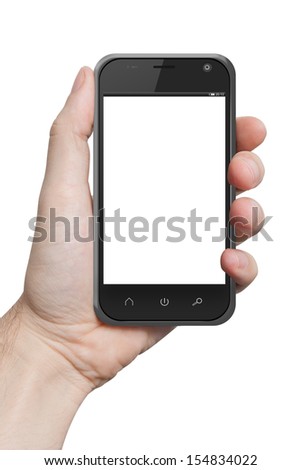isolated male hand holding the phone similar to smart phone tablet touch computer gadget with isolated display