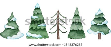 Watercolor creative snow-covered fir trees isolated on white background. Christmas holiday decoration. New Year cartoon style trees.