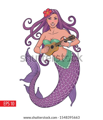 Mermaid playing ukulele, vector illustration.
