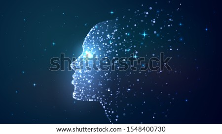 Faces of glowing blue particles, consciousness, technology, soul Royalty-Free Stock Photo #1548400730