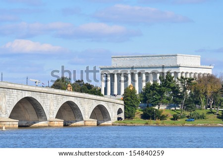 Washington DC skyline view with Lincoln Memorial and Memorial Bridge on Potomac River  