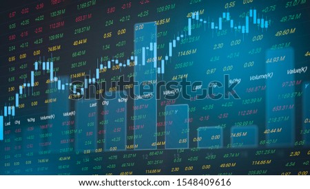 Stock market graph business / forex trading and candlestick analysis investment indicator of financial board display double exposure money price stock chart exchange growth and crisis money concept