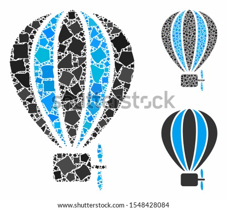 Aerostat balloon mosaic of unequal items in various sizes and color tints, based on aerostat balloon icon. Vector rough items are composed into collage.