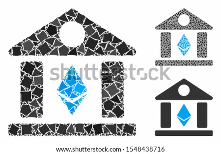 Ethereum bank building composition of abrupt elements in variable sizes and shades, based on Ethereum bank building icon. Vector abrupt items are composed into collage.