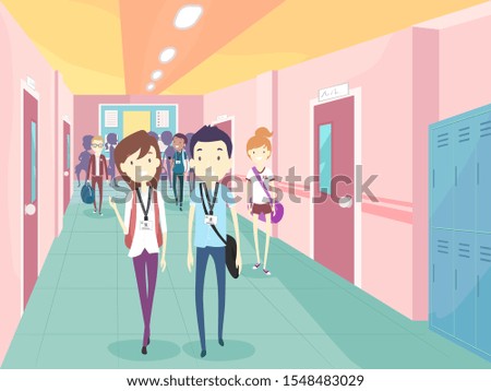 Illustration of Teenage Girls and Guys Students in the School Hallway