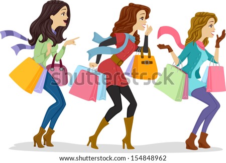 Illustration of Girls Carrying Shopping Bags Facing the Right Side of the Drawing