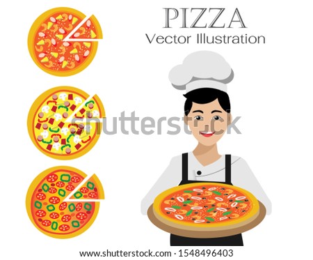Chef man in uniform with smiling face proudly presenting his cooking, seafood pizza, other 3 toppings pizza on left. Isolated on white background. Vector Illustration.