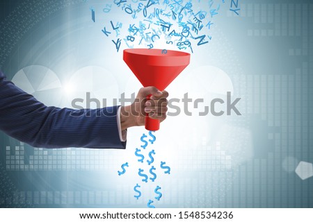 Data monetization concept with funnel and businessman Royalty-Free Stock Photo #1548534236