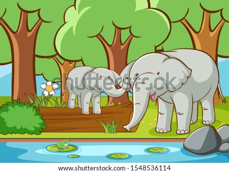 Scene with two elephants in the forest illustration
