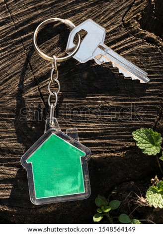 Keychain in shape of house on wood. Green colour house. Real estate and property concept.