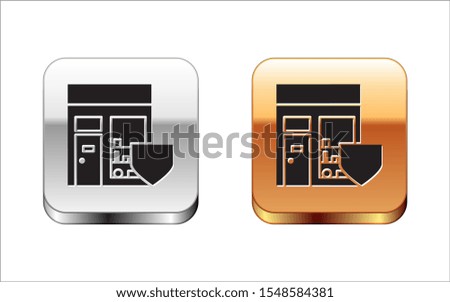 Black Shopping building with shield icon isolated on white background. Insurance concept. Security, safety, protection, protect concept. Silver-gold square button. Vector Illustration