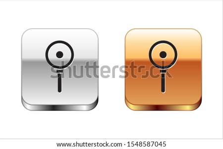 Black Frying pan icon isolated on white background. Fry or roast food symbol. Silver-gold square button. Vector Illustration