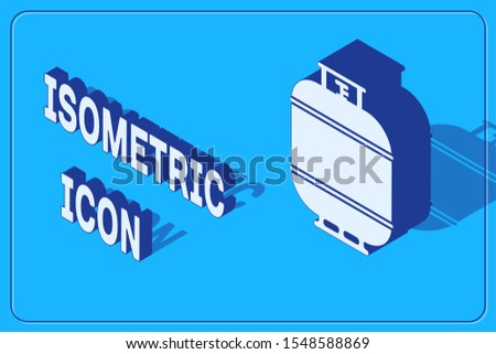 Isometric Propane gas tank icon isolated on blue background. Flammable gas tank icon.  Vector Illustration