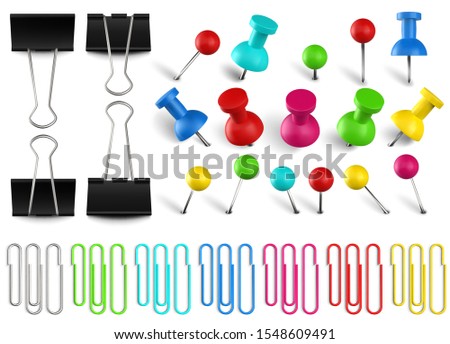 Colorful pushpins and paperclips binders. Color paper clip, red pushpin and office papers clamp. Realistic pins vector set. Multicolored stationery items. Collection of bright paper accessories