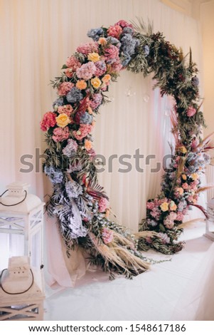 Decorated wedding tables and hall interior
