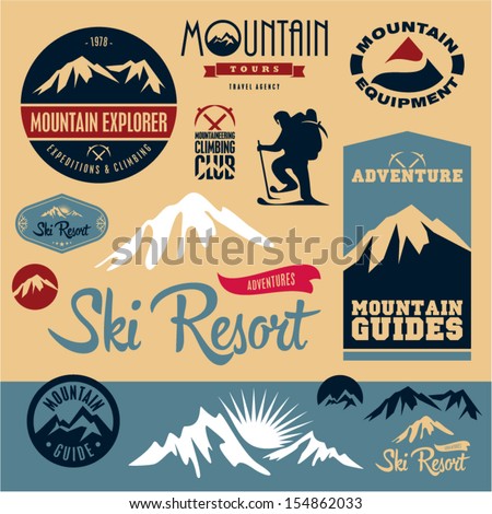 Mountain icons set. Mountain climbing. Climber. Ski Resort labels collection.
