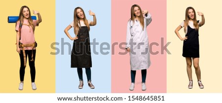 Set of doctor, traveller and waitress frustrated by a bad situation