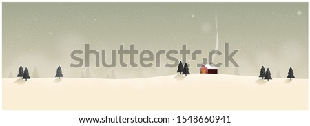 Panorama Vector illustration of Countryside landscape in winter.Banner of lonely hut in winter. snow over the  mountain with small pine trees and old barn.Image with noise and grain.Olive green tone. Royalty-Free Stock Photo #1548660941