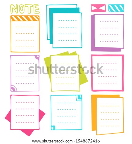 Bullet journal hand drawn vector frames for notebook, diary and planner. Set of sketch stickers, different note papers. Doodle banners isolated on white background. 