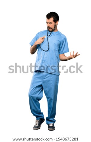 Full-length shot of Surgeon doctor man over isolated white background