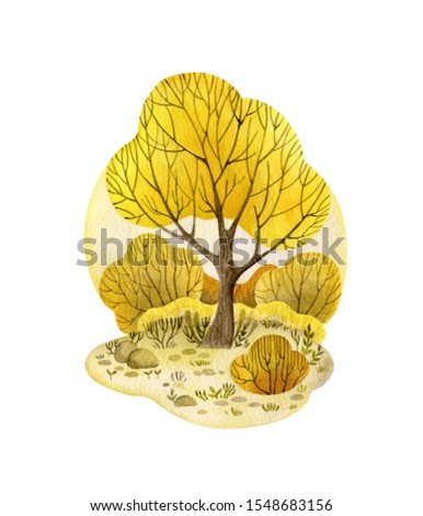 Watercolor autumn landscape with trees, sky, bushes, grass and stones. Hand drawn illustration isolated on white.