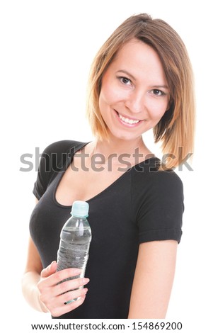 Beautiful girl drinking water from blue bottle isolated on white background