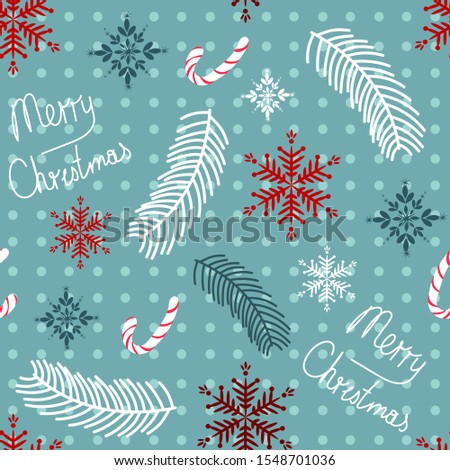 Vector seamless christmas pattern, print, background,wallpaper. White, red, blue, turquese elements. Pine branch, candy, merry christmass text, snowflakes. New year, winter, christmas, trendy colors.