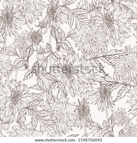 Dahlia. Seamless pattern of line dahlia flowers and leaves. Floral vintage background.