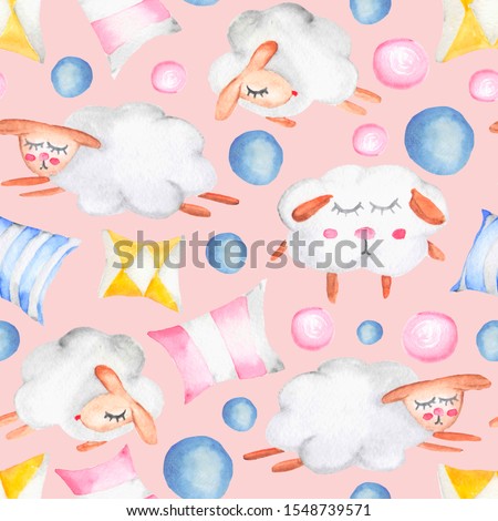 Watercolor seamless pattern. Cute  sleeping sheep, pillow. Seamless pattern on pink background. Perfect for wallpaper, fabrics, scrapbooking paper