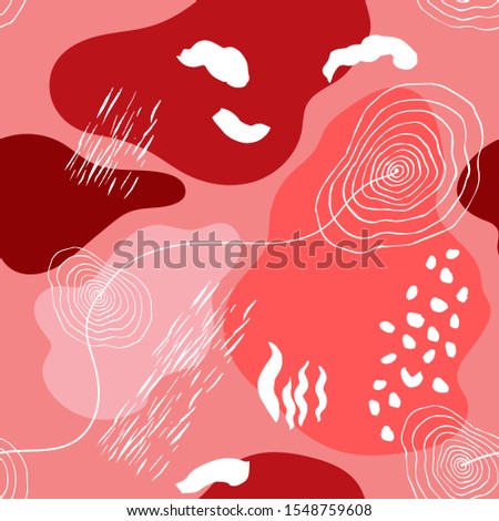 Abstract roundish shapes, spots and lines, brush strokes vector pattern. Red background.