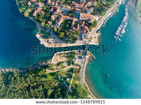 Aerial view of Osor ( Ossero ) is a small town and port on the Cres island in Croatia. It is lies at a narrow channel that separates islands Cres and Lošinj. 