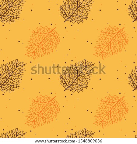 repeat pattern with flying autumn leaves skeletons and dots
