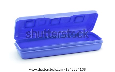 Plastic pencil case isolated on white background.