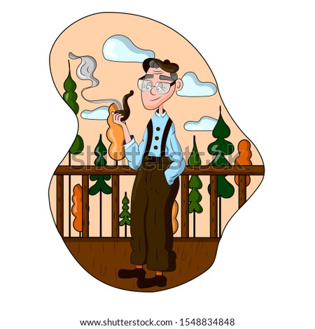 Flat illustration with an elderly man who smokes a pipe. Vector illustration of a white man in a blue shirt who is in nature. Cute grandfather snorkeling in the forest.