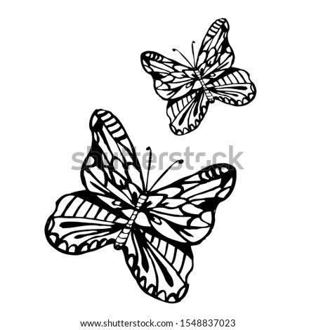 Decorative hand drawn butterflies, design elements. Can be used for cards, invitations, banners, posters, print design. Buterfly background in line art style